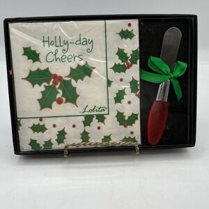 New W/ Tag Lolita Holly Berry Hostess Set 20 Napkins & Spreader Christmas Theme